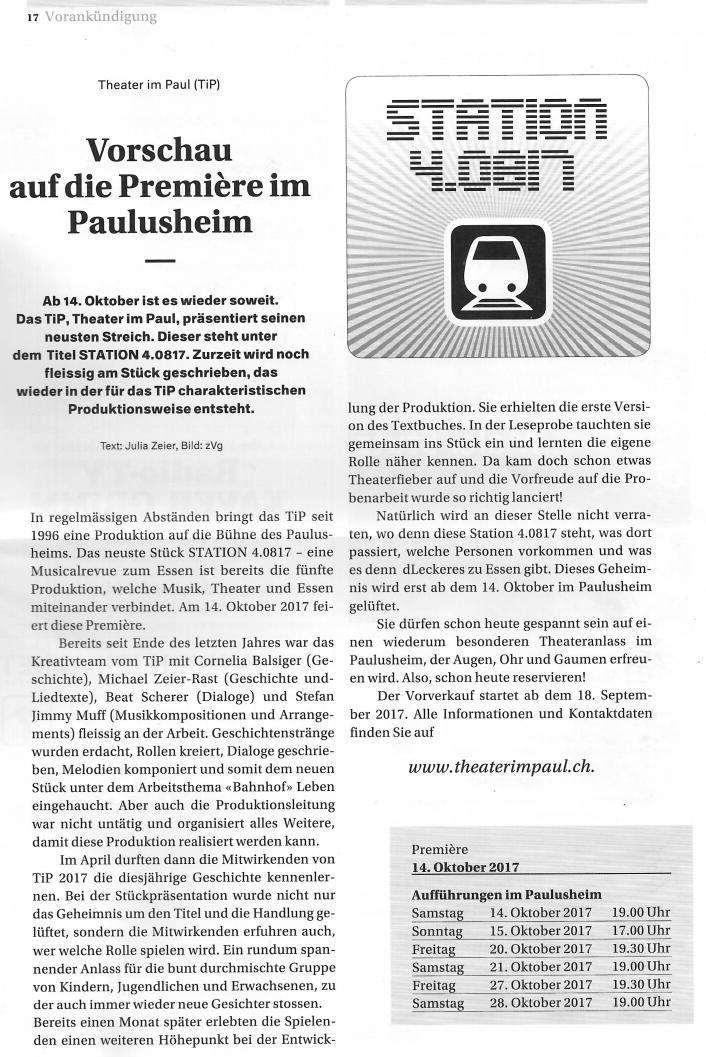 Bericht zu STATION 4.0817 in der Quartierzeitung Obergrund Juli 2017